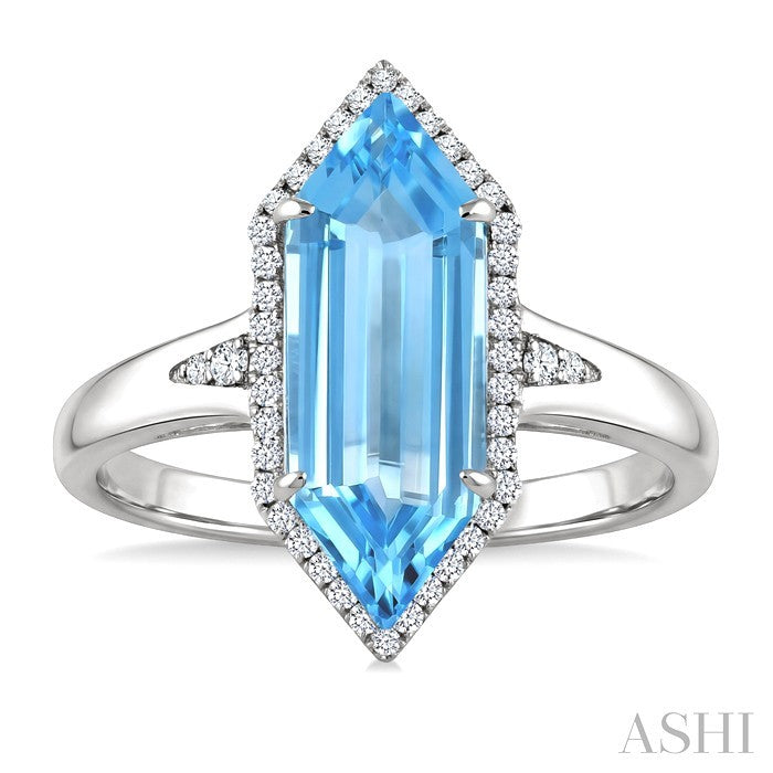 16X6 MM Hexagon Shape Blue Topaz and 1/5 Ctw Round Cut Diamond Semi-Precious Ring in 10K White Gold