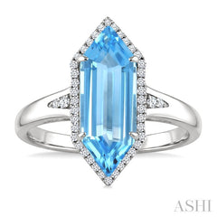 16X6 MM Hexagon Shape Blue Topaz and 1/5 Ctw Round Cut Diamond Semi-Precious Ring in 10K White Gold