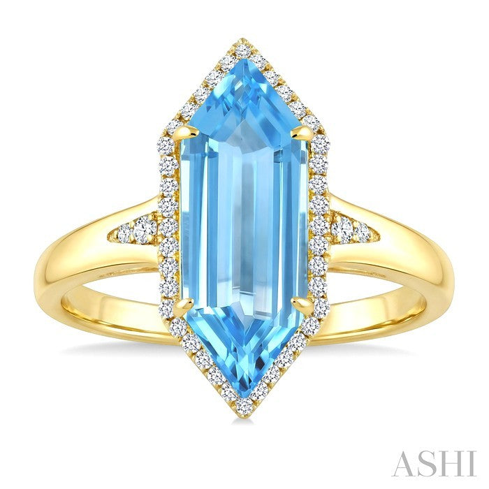 16X6 MM Hexagon Shape Blue Topaz and 1/5 Ctw Round Cut Diamond Semi-Precious Ring in 10K Yellow Gold