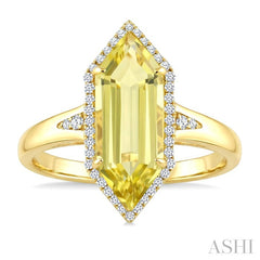 16X6 MM Hexagon Shape Lemon Quartz and 1/5 Ctw Round Cut Diamond Semi-Precious Ring in 10K Yellow Gold