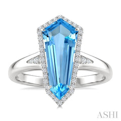 16X7 MM Shield Shape Blue Topaz and 1/6 Ctw Round Cut Diamond Semi-Precious Ring in 10K White Gold