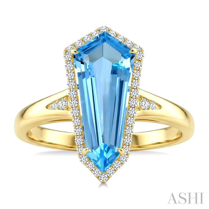 16X7 MM Shield Shape Blue Topaz and 1/6 Ctw Round Cut Diamond Semi-Precious Ring in 10K Yellow Gold