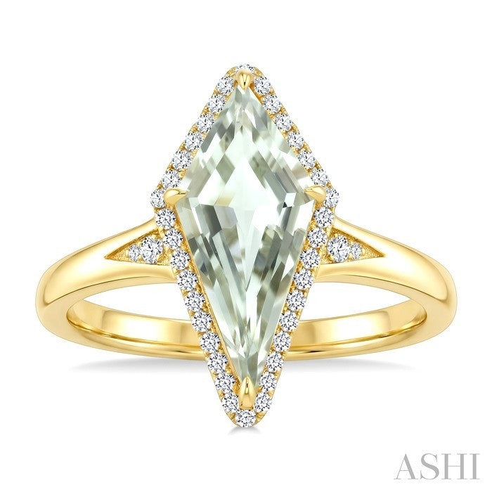 16X7 MM Kite Shape Green Amethyst and 1/6 Ctw Round Cut Diamond Semi-Precious Ring in 10K Yellow Gold
