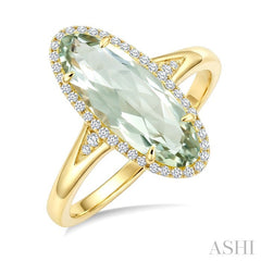 16X6 MM Oval Shape Green Amethyst and 1/6 Ctw Round Cut Diamond Semi-Precious Ring in 10K Yellow Gold