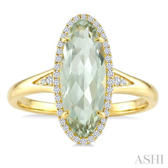 16X6 MM Oval Shape Green Amethyst and 1/6 Ctw Round Cut Diamond Semi-Precious Ring in 10K Yellow Gold