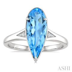 16X6 MM Pear Shape Blue Topaz and 1/50 Ctw Round Cut Diamond Semi-Precious Ring in 10K White Gold