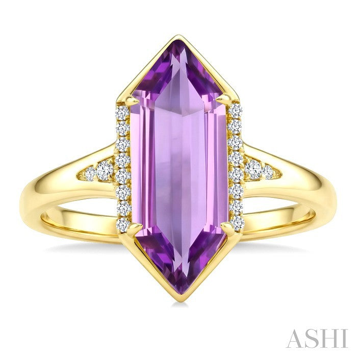 16X6 MM Hexagon Shape Amethyst and 1/10 Ctw Round Cut Diamond Semi-Precious Ring in 10K Yellow Gold