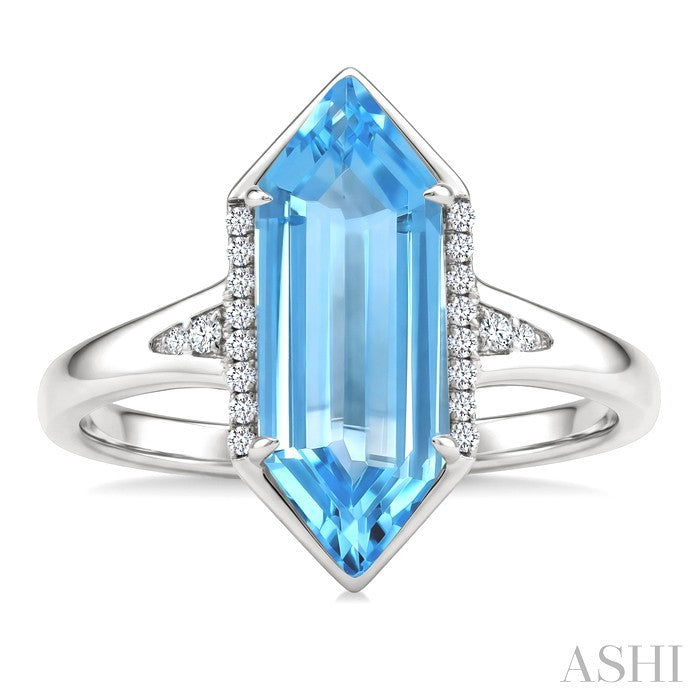 16X6 MM Hexagon Shape Blue Topaz and 1/10 Ctw Round Cut Diamond Semi-Precious Ring in 10K White Gold