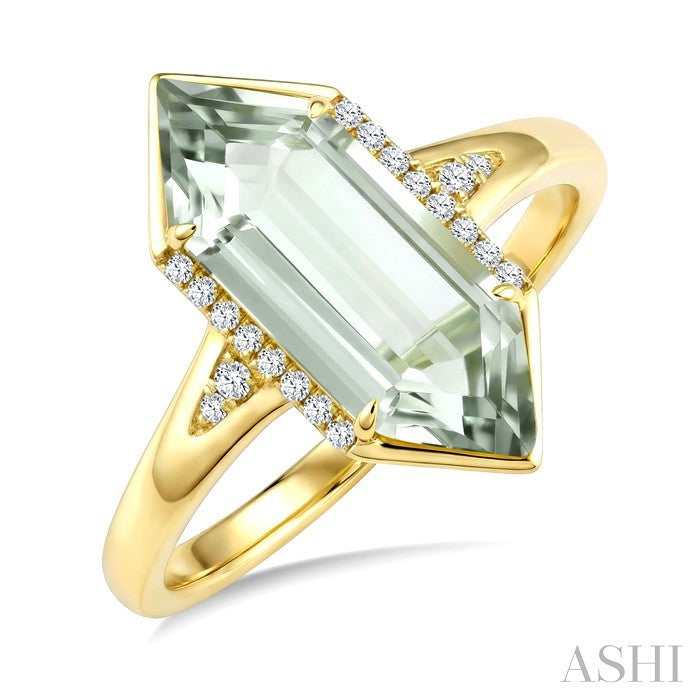 16X6 MM Hexagon Shape Green Amethyst and 1/10 Ctw Round Cut Diamond Semi-Precious Ring in 10K Yellow Gold