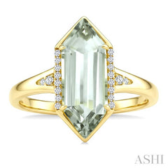 16X6 MM Hexagon Shape Green Amethyst and 1/10 Ctw Round Cut Diamond Semi-Precious Ring in 10K Yellow Gold