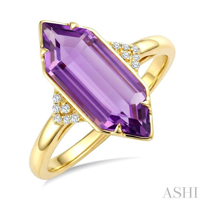 16X6 MM Hexagon Shape Amethyst and 1/20 Ctw Round Cut Diamond Semi-Precious Ring in 10K Yellow Gold