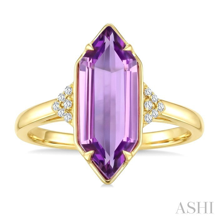 16X6 MM Hexagon Shape Amethyst and 1/20 Ctw Round Cut Diamond Semi-Precious Ring in 10K Yellow Gold