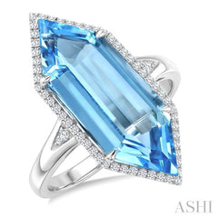 22X8 MM Hexagon Shape Blue Topaz and 1/4 Ctw Round Cut Diamond Semi-Precious Ring in 14K White Gold