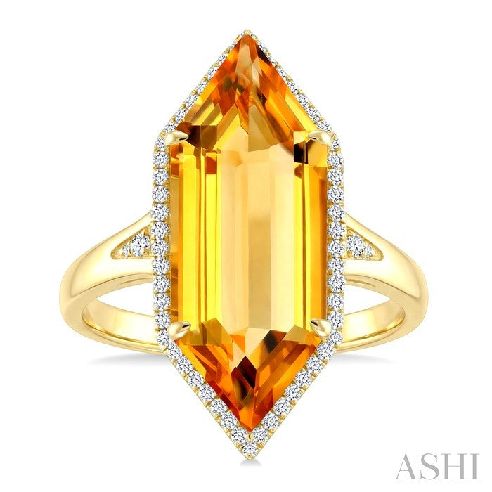 22X8 MM Hexagon Shape Citrine and 1/4 Ctw Round Cut Diamond Semi-Precious Ring in 14K Yellow Gold