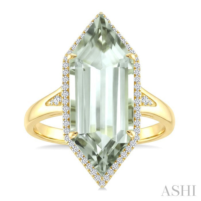 22X8 MM Hexagon Shape Green Amethyst and 1/4 Ctw Round Cut Diamond Semi-Precious Ring in 14K Yellow Gold