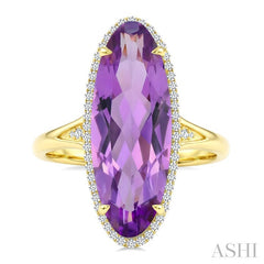 22X8 MM Oval Shape Amethyst and 1/5 Ctw Round Cut Diamond Semi-Precious Ring in 14K Yellow Gold