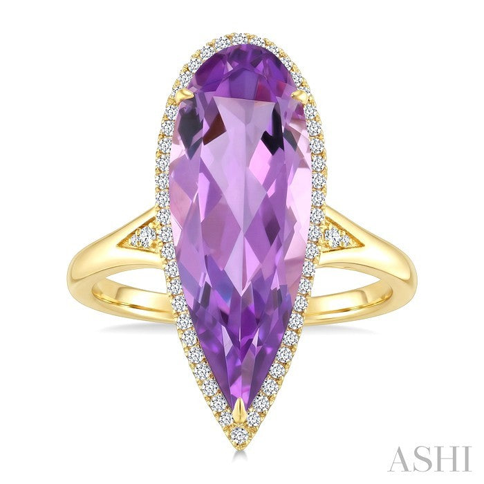 22X8 MM Pear Shape Amethyst and 1/5 Ctw Round Cut Diamond Semi-Precious Ring in 14K Yellow Gold