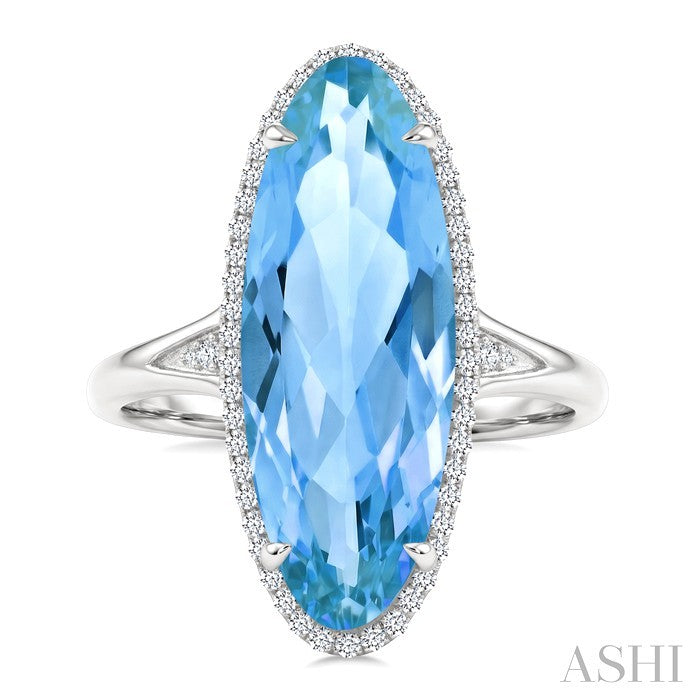 22X8 MM Oval Shape Blue Topaz and 1/5 Ctw Round Cut Diamond Semi-Precious Ring in 14K White Gold