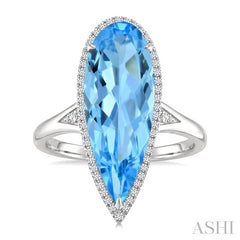 22X8 MM Pear Shape Blue Topaz and 1/5 Ctw Round Cut Diamond Semi-Precious Ring in 14K White Gold