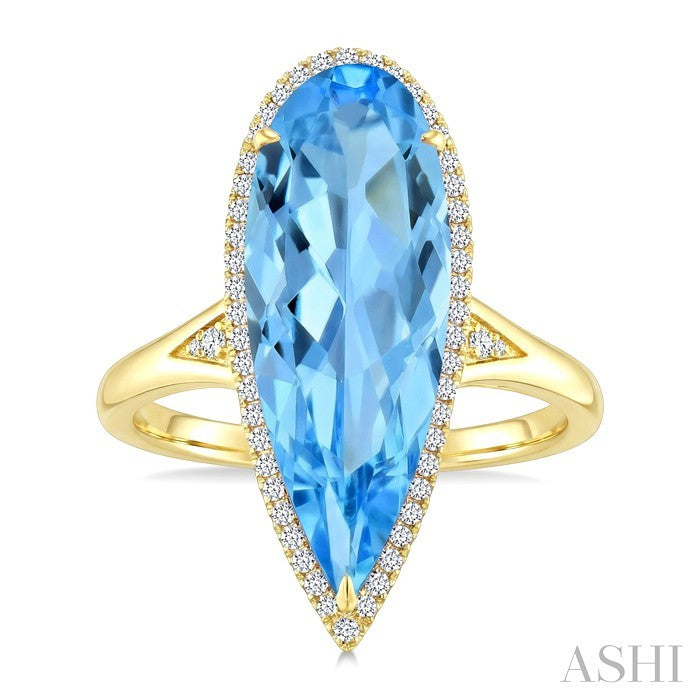22X8 MM Pear Shape Blue Topaz and 1/5 Ctw Round Cut Diamond Semi-Precious Ring in 14K Yellow Gold