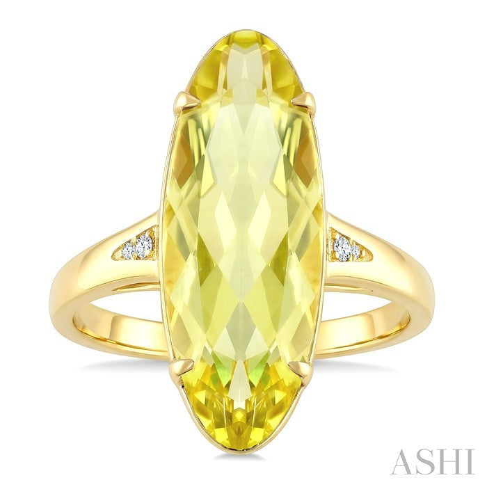 22X8 MM Oval Shape Lemon Quartz and 1/50 Ctw Round Cut Diamond Semi-Precious Ring in 14K Yellow Gold