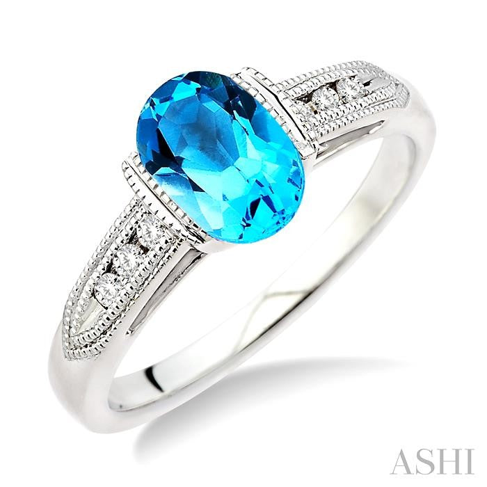 8x6 MM Oval Shape Blue Topaz and 1/10 Ctw Diamond Ring in 14K White Gold