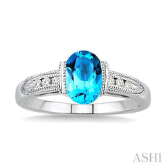 8x6 MM Oval Shape Blue Topaz and 1/10 Ctw Diamond Ring in 14K White Gold
