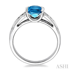 8x6 MM Oval Shape Blue Topaz and 1/10 Ctw Diamond Ring in 14K White Gold