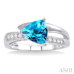 8x8 MM Trillion Cut Blue Topaz and 1/20 Ctw Round Cut Diamond Ring in 10K White Gold
