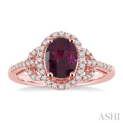 8x6MM Oval Cut Rhodolite Garnet and 1/3 Ctw Round Cut Diamond Ring in 14K Rose Gold