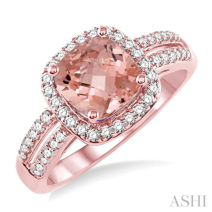 7x7 MM Cushion Shape Morganite and 1/3 Ctw Round Cut Diamond Ring in 14K Rose Gold