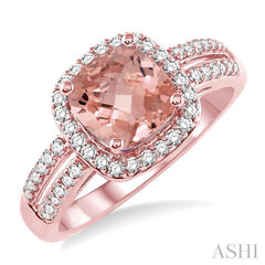 7x7 MM Cushion Shape Morganite and 1/3 Ctw Round Cut Diamond Ring in 14K Rose Gold