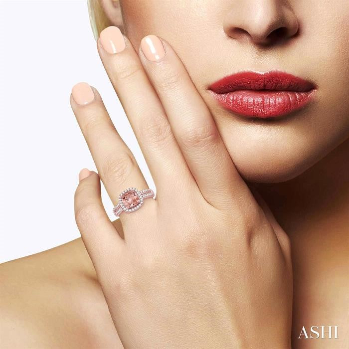 7x7 MM Cushion Shape Morganite and 1/3 Ctw Round Cut Diamond Ring in 14K Rose Gold