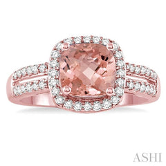 7x7 MM Cushion Shape Morganite and 1/3 Ctw Round Cut Diamond Ring in 14K Rose Gold