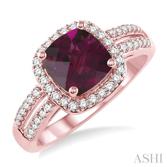 7x7 MM Cushion Shape Rhodolite Garnet and 1/3 Ctw Round Cut Diamond Ring in 14K Rose Gold