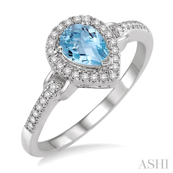 7x5 MM Pear Shape Aquamarine and 1/6 Ctw Round Cut Diamond Ring in 14K White Gold