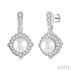 6 MM Cultured Pearl and 1/4 Ctw Round Cut Diamond Halo Earrings in 10K White Gold