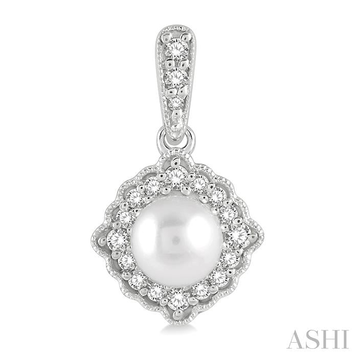6 MM Cultured Pearl and 1/4 Ctw Round Cut Diamond Halo Earrings in 10K White Gold