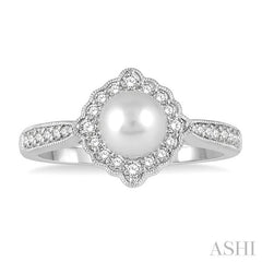 7 MM Cultured Pearl and 1/4 Ctw Round Cut Diamond Halo Ring in 10K White Gold 
