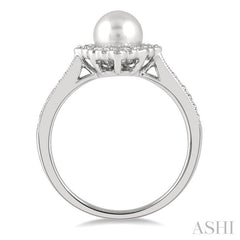 7 MM Cultured Pearl and 1/4 Ctw Round Cut Diamond Halo Ring in 10K White Gold 
