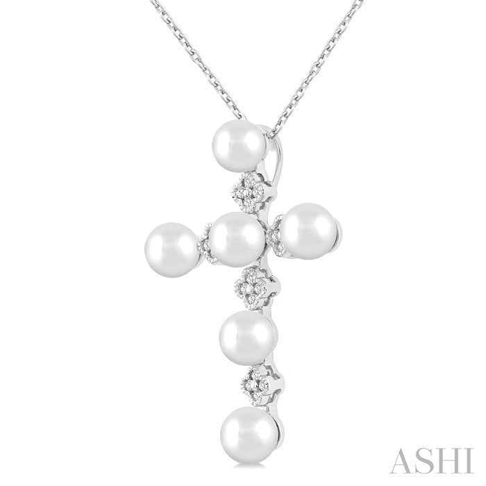 4 MM Round Shape Cultured Pearl and 1/10 Ctw Clover Round Cut Diamond Cross Pendant With Chain in 10K White Gold