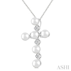 4 MM Round Shape Cultured Pearl and 1/10 Ctw Clover Round Cut Diamond Cross Pendant With Chain in 10K White Gold