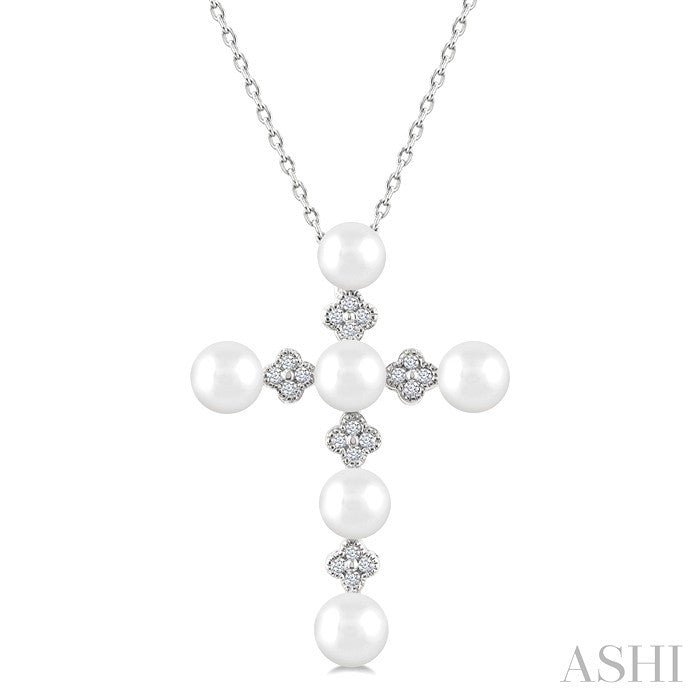 4 MM Round Shape Cultured Pearl and 1/10 Ctw Clover Round Cut Diamond Cross Pendant With Chain in 10K White Gold