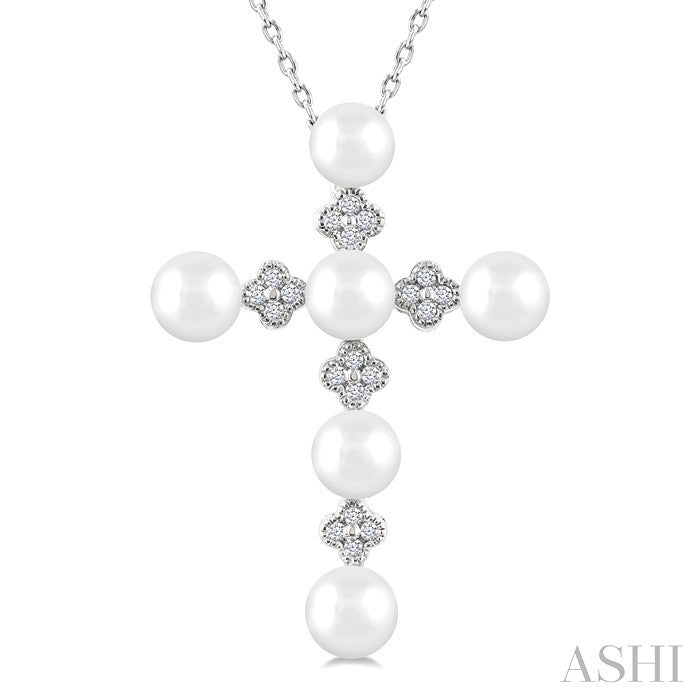4 MM Round Shape Cultured Pearl and 1/10 Ctw Clover Round Cut Diamond Cross Pendant With Chain in 10K White Gold