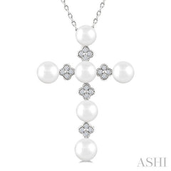 4 MM Round Shape Cultured Pearl and 1/10 Ctw Clover Round Cut Diamond Cross Pendant With Chain in 10K White Gold