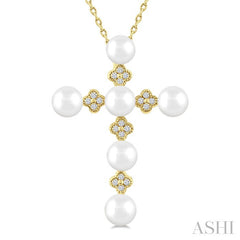 4 MM Round Shape Cultured Pearl and 1/10 Ctw Clover Round Cut Diamond Cross Pendant With Chain in 10K Yellow Gold