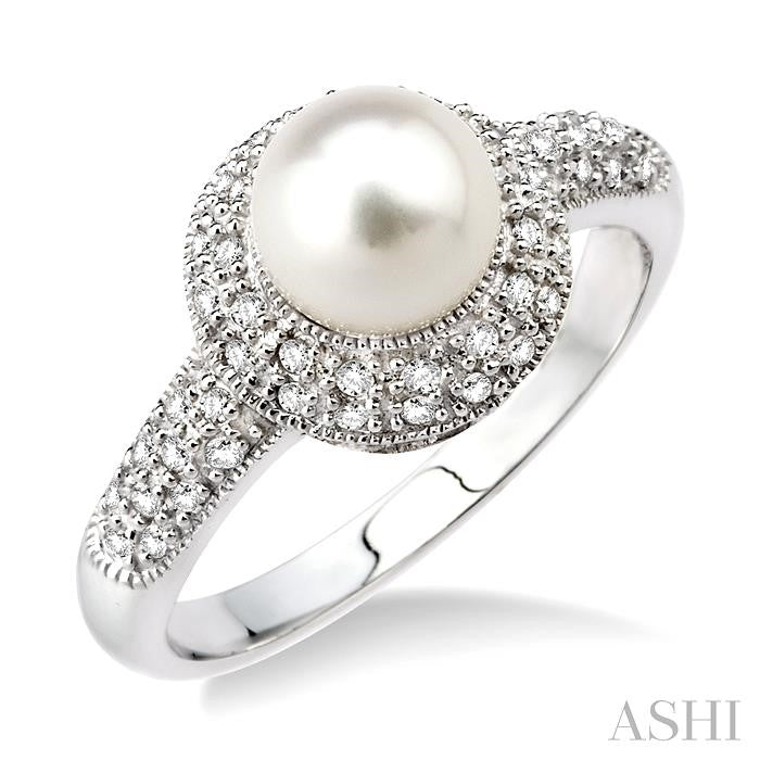 6.5 MM Cultured Pearl and 1/4 Ctw Round Cut Diamond Ring in 14K White Gold