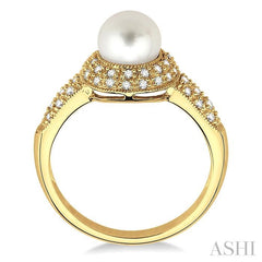 6.5 MM Cultured Pearl and 1/4 Ctw Round Cut Diamond Ring in 14K Yellow Gold