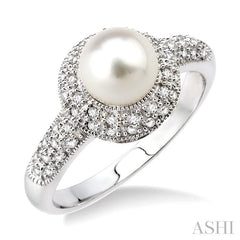 6.5 MM Cultured Pearl and 1/4 Ctw Round Cut Diamond Ring in 10K White Gold