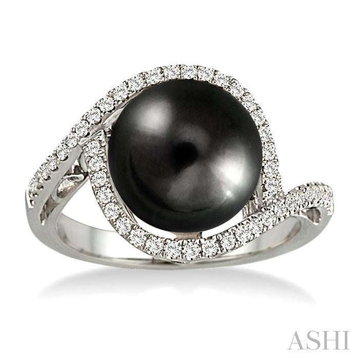 11 MM Black Cultured Pearl and 1/3 Ctw Round Cut Diamond Ring in 14K White Gold